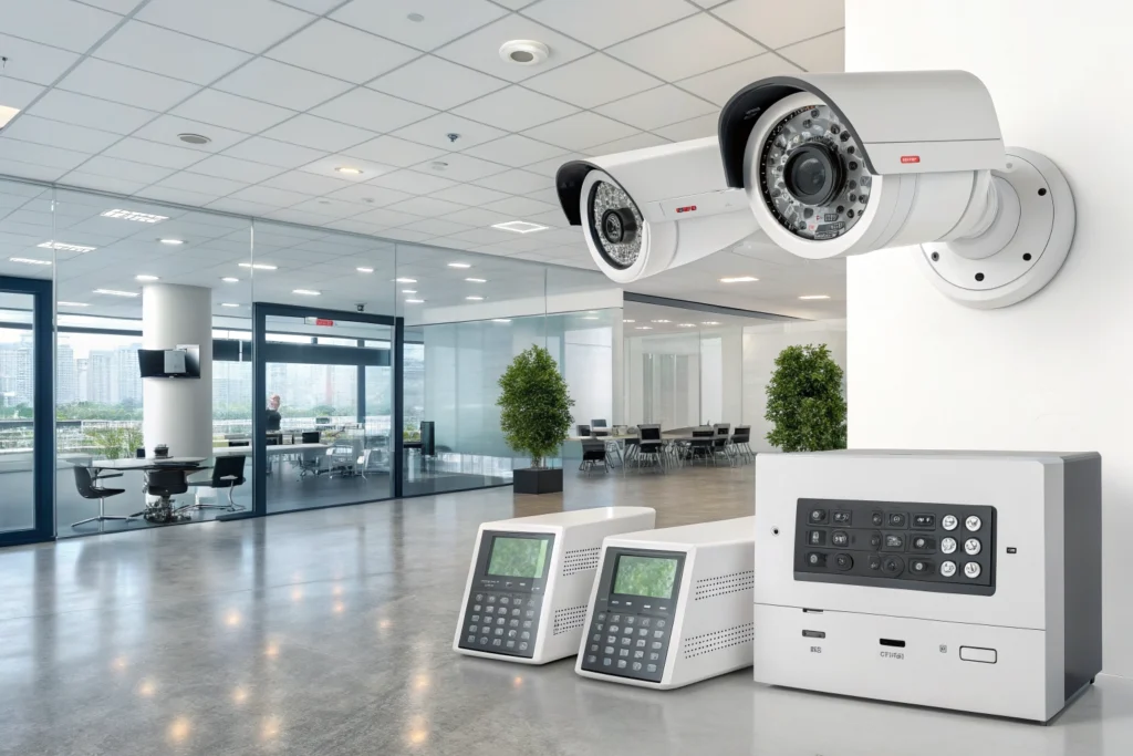 Installation d'un système de sécurité moderne avec caméras et capteurs dans un bâtiment professionnel.